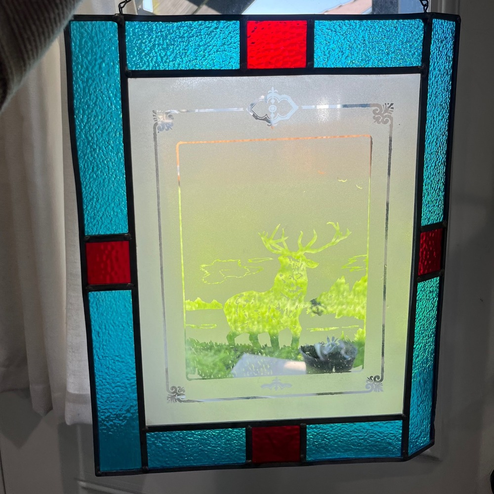 Vintage Stained Glass Suncatcher Etched Deer Cabin Decor Rustic‎ Nature Hanging